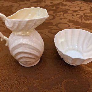 Exquisite Vtg Belleek Double Shell Yellow Luster Cream+Sugar